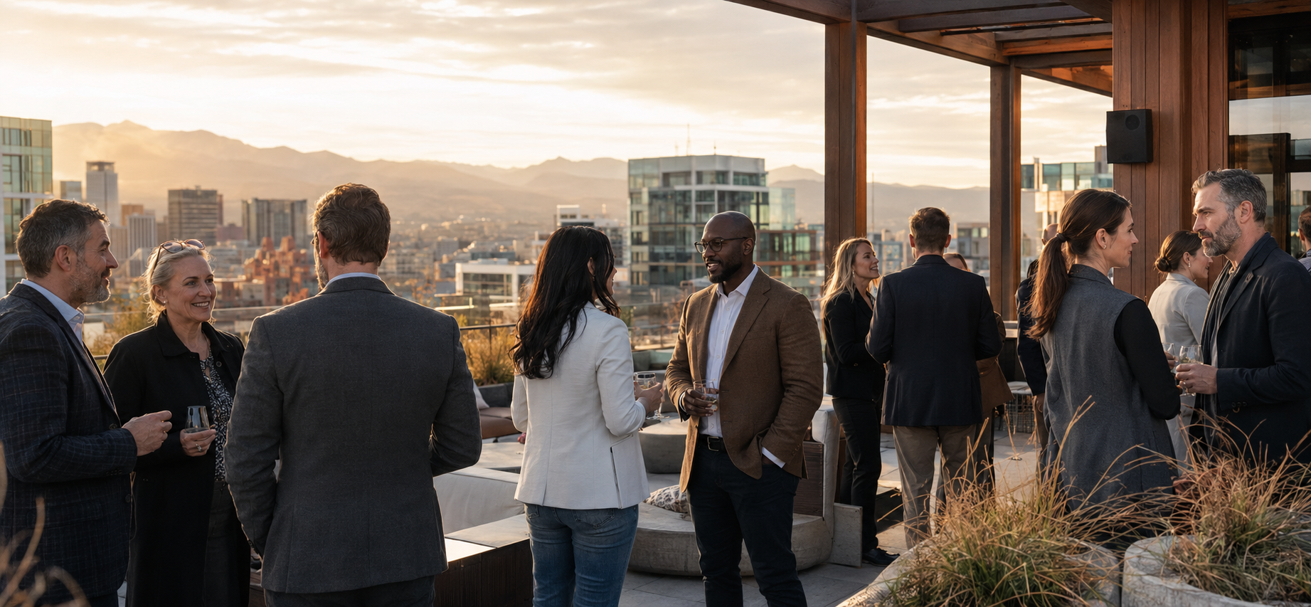 Professionals connecting at a Denver gathering at golden hour